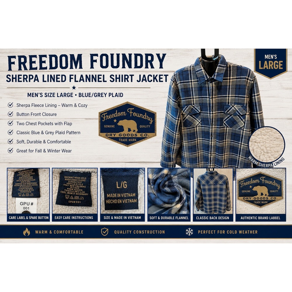 Freedom Foundry Mens Blue Plaid Sherpa Lined Fleece Shirt Jacket Large GPU 001